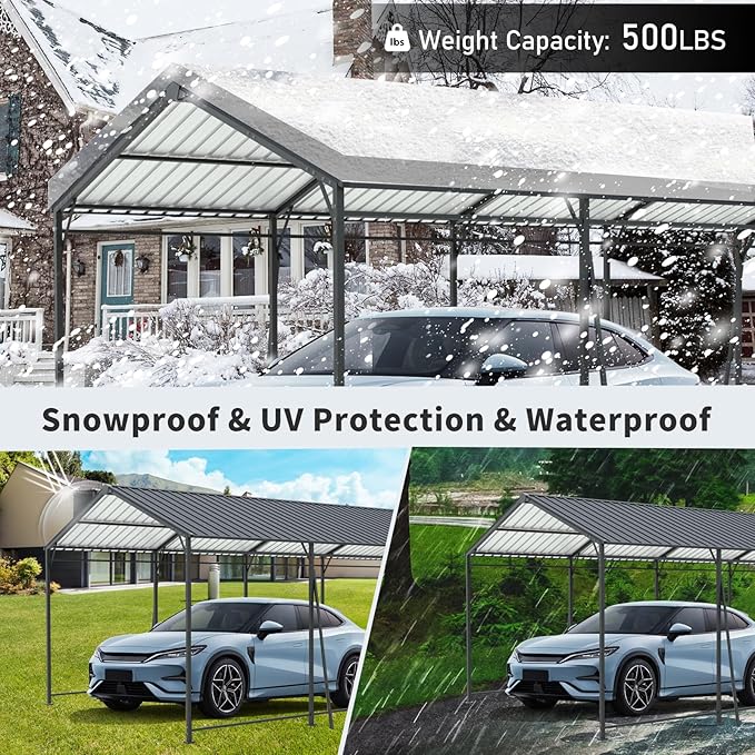 Carport, Heavy Duty Carport with Galvanized Steel Roof and Frame, Metal Large Garage with 4 Fixed Inclined Square Tube Supports (12 * 32 FT)