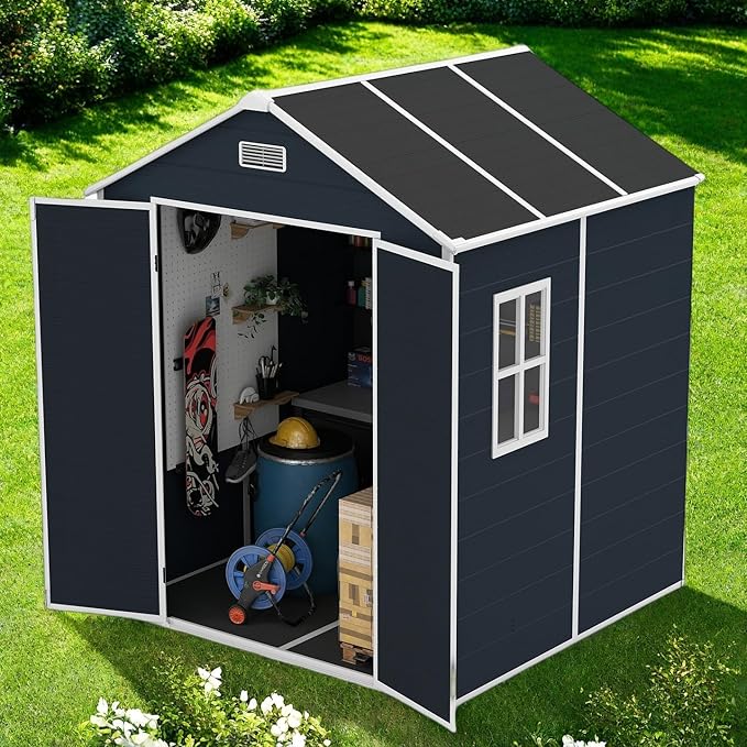 Resin Storage Shed 6x6ft Outdoor Tool Shed with Floor, Window, Lockable Doors and Vents, 12mm Thick pp Board, Storage Sheds for Patio, Garden, Backyard, Lawn (Dark Gray, 6 * 6ft)