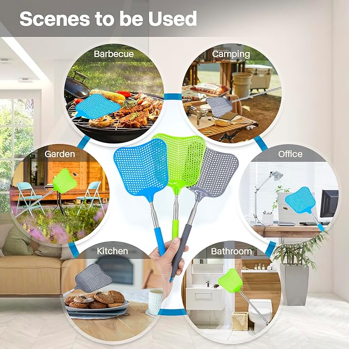 Telescopic Fly Swatter, Hiway 3 Pack Fly Swatter for Indoors Plastic Flyswatter Heavy Duty with Stainless Steel Telescopic Handle