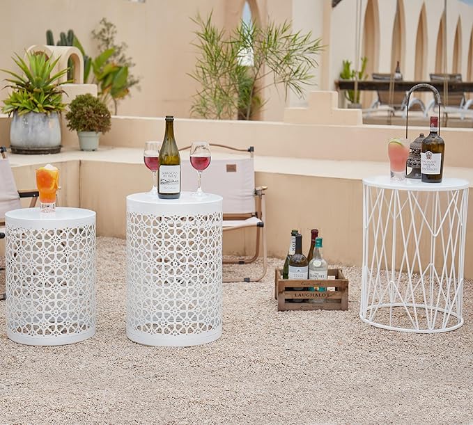 HFHOME Set of 3 Metal Side End Tables Nightstand, Nesting Round Coffee Table for Indoor Outdoor, Heavy Duty Metal Plant Stand Living Room Garden Stool - White