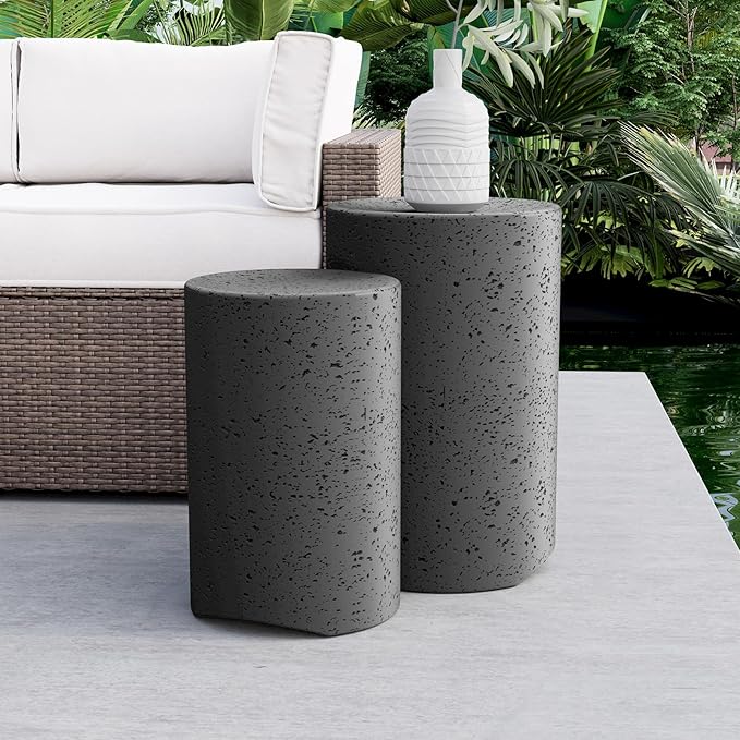 COSIEST Concrete Outdoor Side Table, Set of 2 Round End Tables, Decorative Garden Stools for Indoor Outdoor, Patio Accent Side Table w Spotted, Nesting, Dark Grey