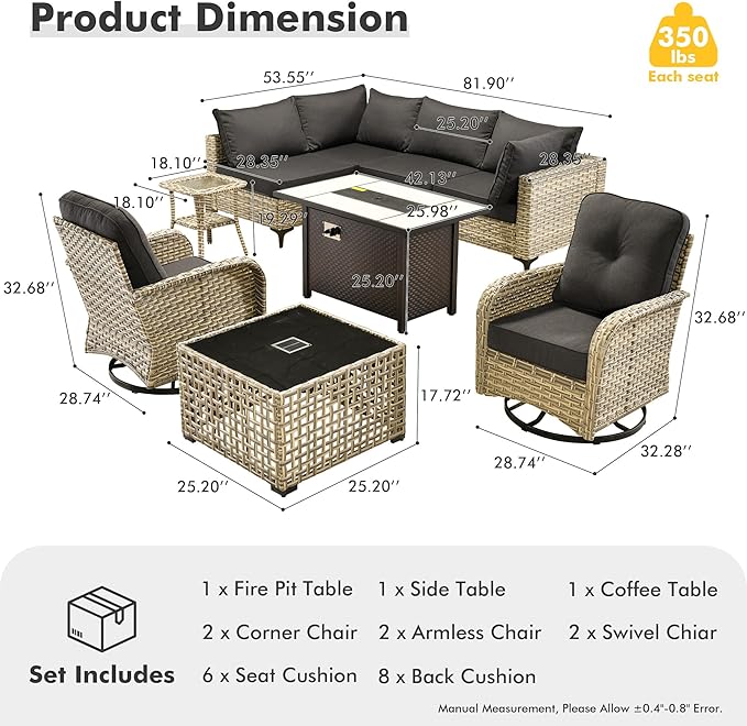 HOOOWOOO Outdoor Patio Furniture Set with Fire Pit Table,9 Pieces Wicker Out Door Sectional Furniture L Shaped Couch,Outside Patio Conversation Sets Swivel Chair,Black