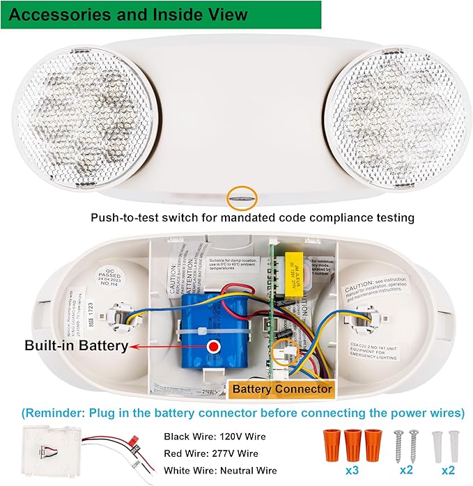 GRUENLICH LED Emergency Light, Exit Lighting Fixtures with 2 LED Bug Eye Heads and Back Up Batteries, UL 924 Qualified, 120/277 Voltage, 4-Pack
