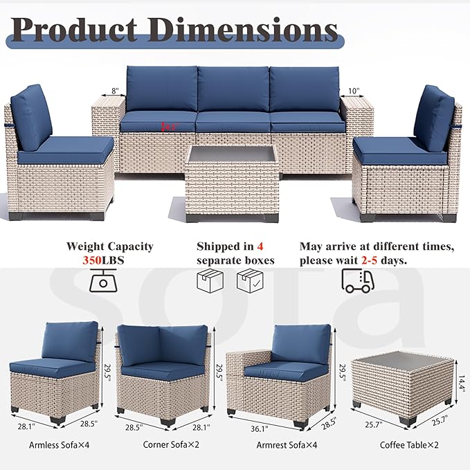 12 Pieces Patio Furniture Set, Outdoor Sectional Wicker Sofa with Thickened Cushions and Coffee Table, High Back Rattan Patio Conversation Sets for Garden Backyard, Navy