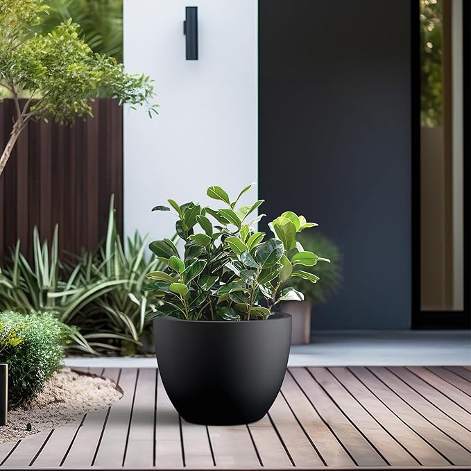 Kante 14.2 Inch Round Concrete Planter - Classic Large Indoor/Outdoor Plant Pot with Drainage Hole and Rubber Plug, Suitable for Gardens and Patios, Black Finish with Warm Brown Interior