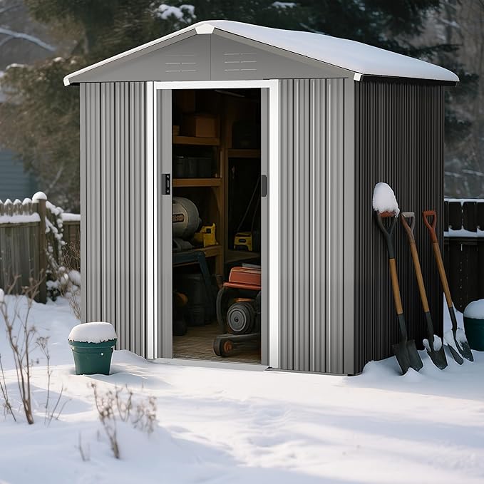 Nuu Garden 6 x 4 FT Outdoor Storage Shed with Sliding Doors, Galvanized Sheet Outdoor Shed with Sloping Roof, Anti-Corrosion Garden Shed with Air Vents for Backyard Patio Lawn, Gray