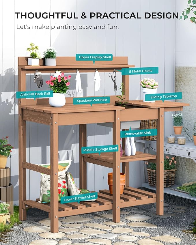 SERWALL Potting Bench Outdoor Potting Table with Sink, HDPE Teak Potting Benches for Outside Gardening Table All Weather Use- Brown