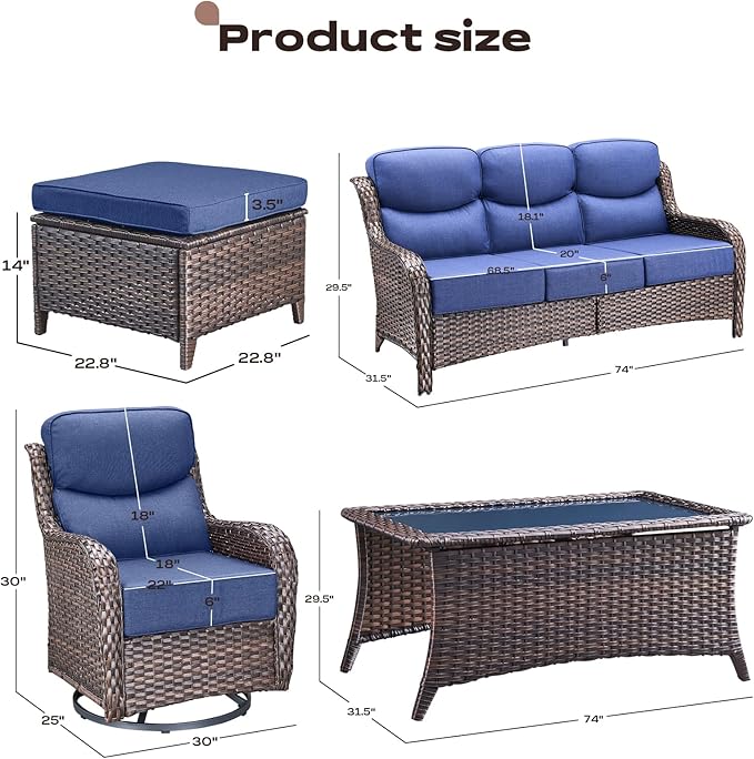 Wicker Outdoor Patio Furniture Set - 8 Piece Patio Conversation Sets with Swivel Rocker Chairs, Ottomans, Sofa and Coffee Table, 6 inch Cushions, Deep Seating, for Porch Deck Brown/Blue