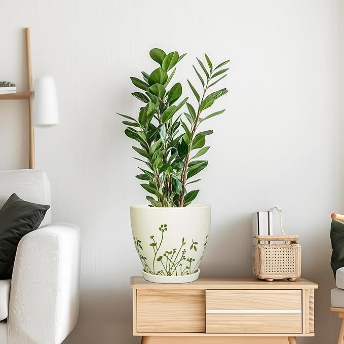 Indoor Plant Pot 8.2 Inch - Ceramic Planter with Drainage Hole and Saucer, Boho Round Decorative Flower Pot for Indoor Outdoor Flowers, Plant Lover Gifts, Office Home Garden Patio Decor, White