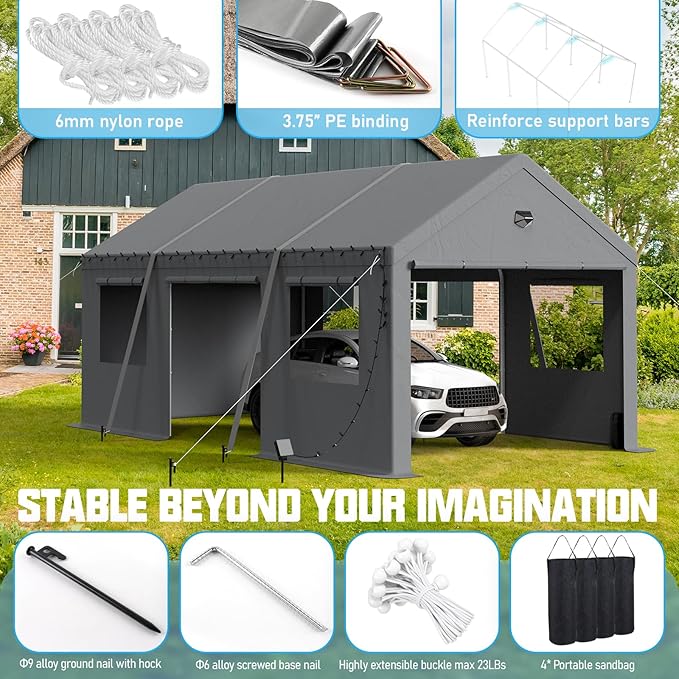 12x20 Carport Canopy, Heavy Duty Car Ports with Sidewalls, Portable Garage Carports with Roll Up Zipper End & Side Doors, Grey
