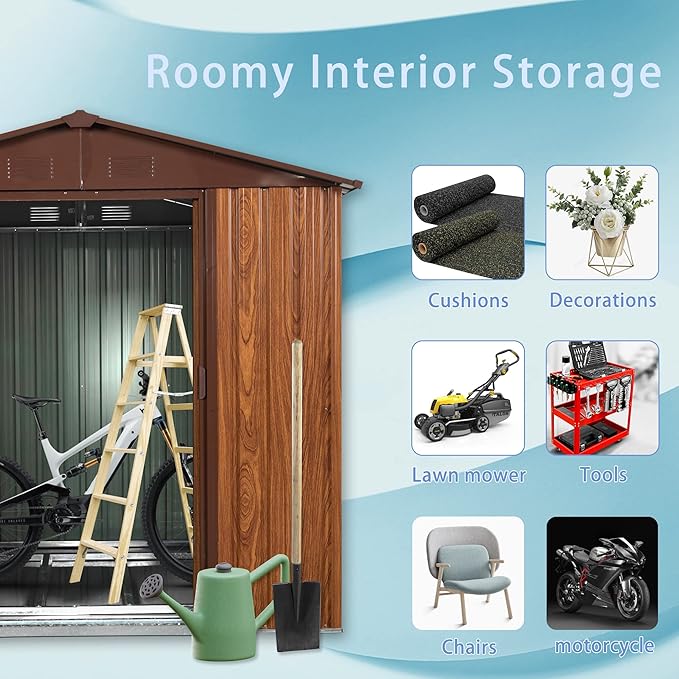 6x6 FT Outdoor Storage Shed, Metal Garden Shed with Frame Floor, Outside Tool Shed with Window, Waterproof Storage Building with Lockable Sliding Doors & Sloped Roof for Backyard, Patio, Coffee