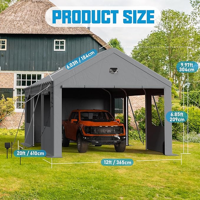12x20 Carport Canopy, Heavy Duty Car Ports with Sidewalls, Portable Garage Carports with Roll Up Zipper End & Side Doors, Grey