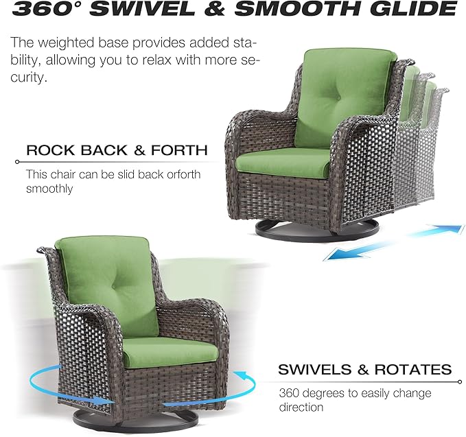 Joyside 5 Piece Outdoor Patio Furniture Set Wicker Conversation Bistro Set Swivel Rocking Chairs with Side Table and Ottomans for Backyard, Porch, Deck(Mixed Grey/Green)