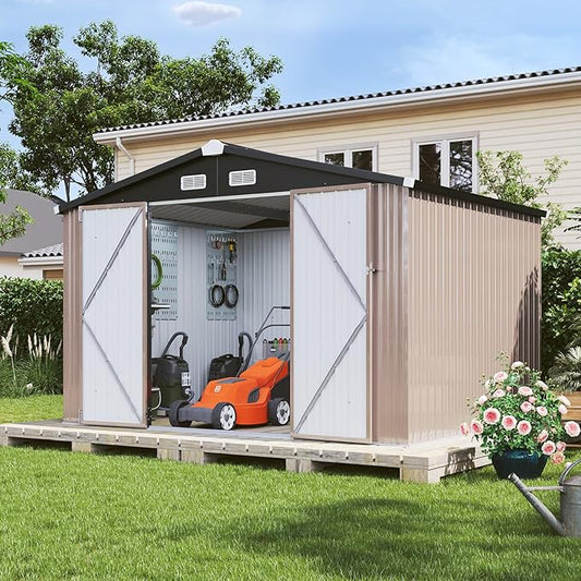 Aoxun 9.5x7.5 FT Shed with 4 Pegboards and 50 Hooks Outdoor Waterproof Storage Shed Steel Utility Garden Tool Shed with Door & Lock Outdoor Storage for Garden Patio Lawn Poolside, Brown