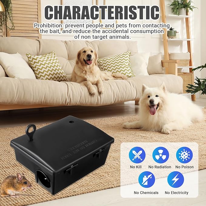 Qualirey Rat Bait Stations Large Rodent with Key Reusable Mouse Stations Mice Blocks Heavy Duty Boxes for Outdoor Rodents Mice Blocks, Bait Not Included, Black (4 Pack,8.66 x 7.5 x 3.9 Inches)