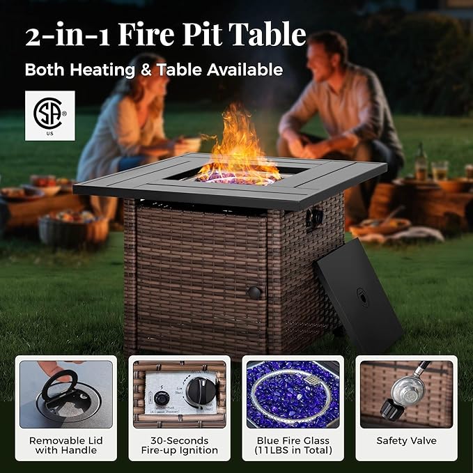 Patio Furniture Set, 8 Pcs Wicker Rattan Outdoor Conversation Set, 4 x Leg Chairs, 1 x 3 Seater Sofa and 2 x Ottoman with 4" Thick Cushion and 32" Fire Pit Table, Blue
