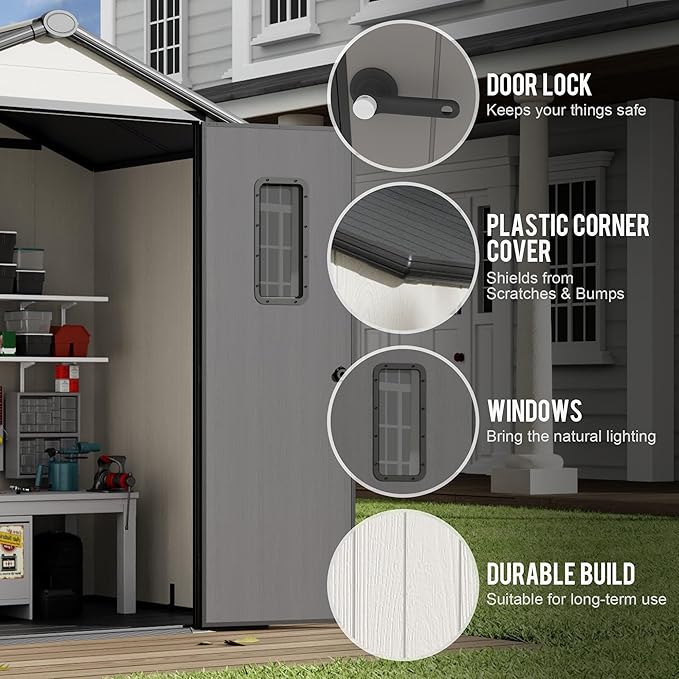 6' x 4' Outdoor Resin Storage Shed with Floor,Galvanized Metal Waterproof Garden Shed with Lockable Door, Windows, Vents, Plastic Tool, Bike Storage for Patio Furniture, Lawn Mower