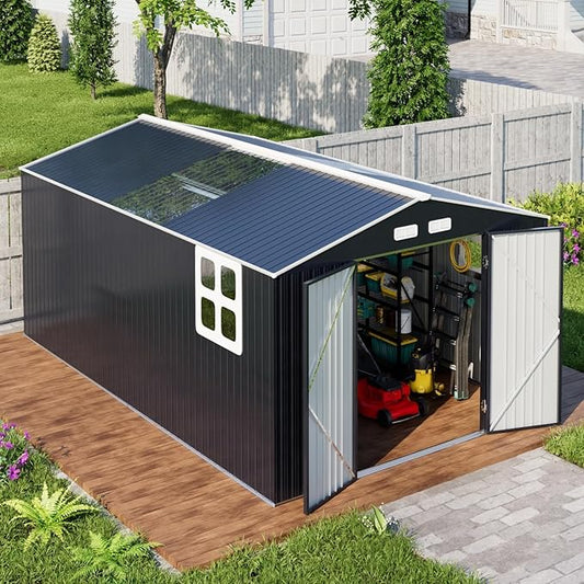 Metal Shed 10x16 FT with Floor Frame Kit, Big with Heavy-Duty Reinforced Steel Frame and Customizable Skylight, Lockable Doors, 4-Pane Windows, Large Outdoor Storage for Garden, Tools, and Utility