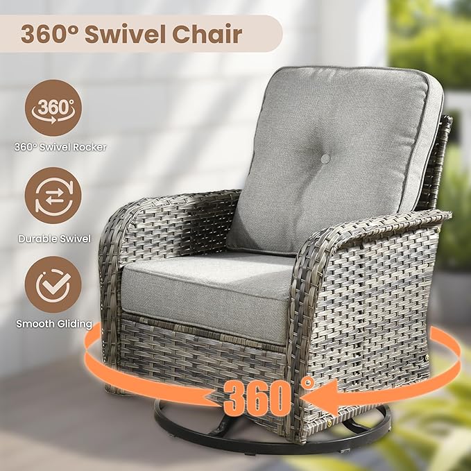 HOOOWOOO Outdoor Patio Furniture Set,10 Pieces Wicker Conversation Set,All Weather Couch Set with Fire Pit Solar Light Table Swivel Chairs Ottoman 9 Seaters for Out Door Yard(Charcoal Gray)