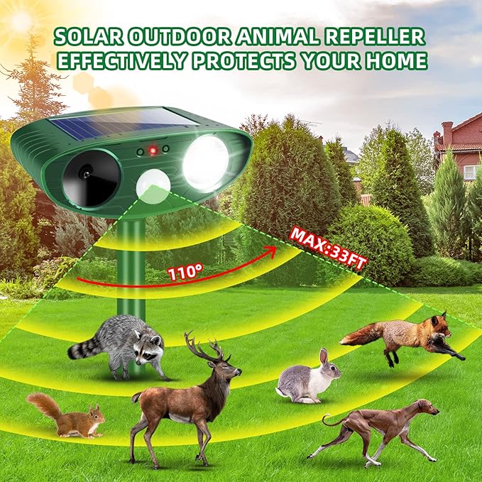 Solar Ultrasonic Animal Repellent Outdoor, Deer Repellent Devices for Yard Garden with Motion Sensor & Flashing Light, Waterproof Animal Deterrent for Cat Dog Squirrel Raccoon Rabbit Skunk Coyote Farm