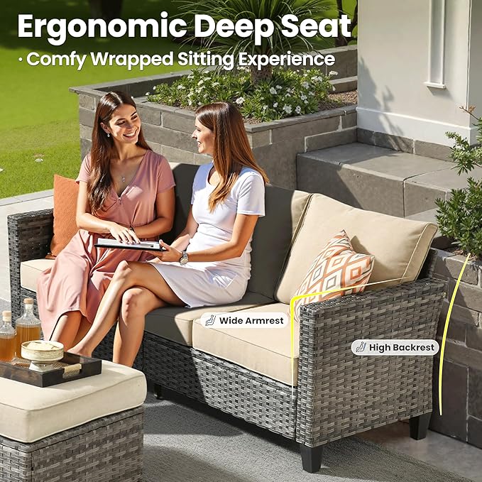 ovios Patio Furniture Set, 7 Pieces Outdoor Wicker Sofa Couch with 4 Chairs, Ottomans and Comfy Cushions, All Weather High Back Rattan Conversation Set, Beige