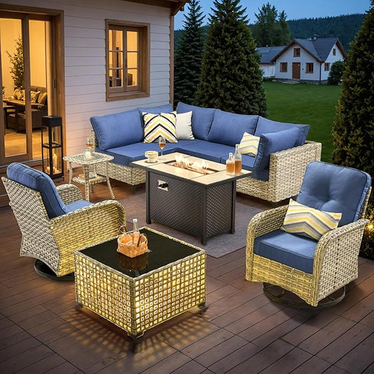 HOOOWOOO Outdoor Patio Furniture Set with Fire Pit Table,9 Pieces Wicker Out Door Sectional Furniture L Shaped Couch,Outside Patio Conversation Sets Swivel Chair,Denim Blue