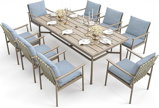 HAPPATIO 9-Piece Patio Table and Chairs Set for 8, Aluminum Outdoor Dining Set with Cushions, 8 Dining Chairs, 1 Large Rectangular Table with Umbrella Hole for Lawn, Porch, Backyard, Brown