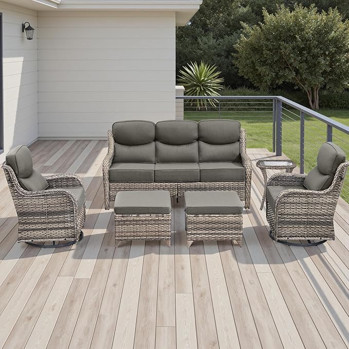 Wicker Outdoor Patio Furniture Set - 6 Piece Patio Conversation Sets with Swivel Rocker Chairs, Ottomans, Sofa and Side Table, 6 inch Cushions, Waterproof Wicker, for Porch Deck Mixed Grey/Grey