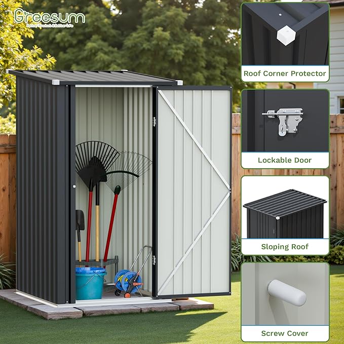 Greesum 3×3FT Outdoor Storage Shed, Metal Patio Storaged Sheds with Lockable Doors, Sheds & Outdoor Storage for Backyard, Pool and Garden, Black