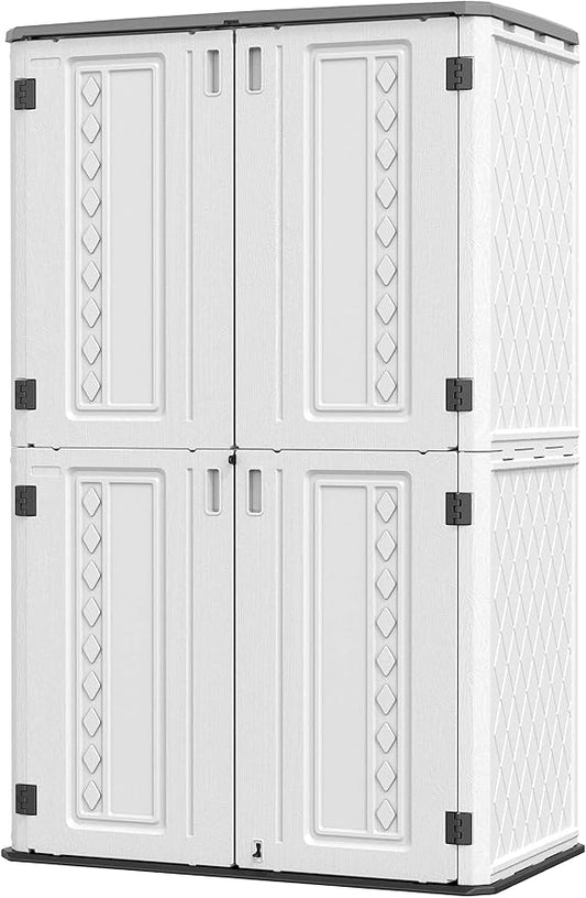 HOMSPARK Storage Shed Weather Resistance, Multi-Purpose Outdoor Storage Cabinet Waterproof, Outdoor Storage Cabinet for Garbage Cans, Lawnmower, Garden Accessories (Off White, Tall shed-53 cu ft)