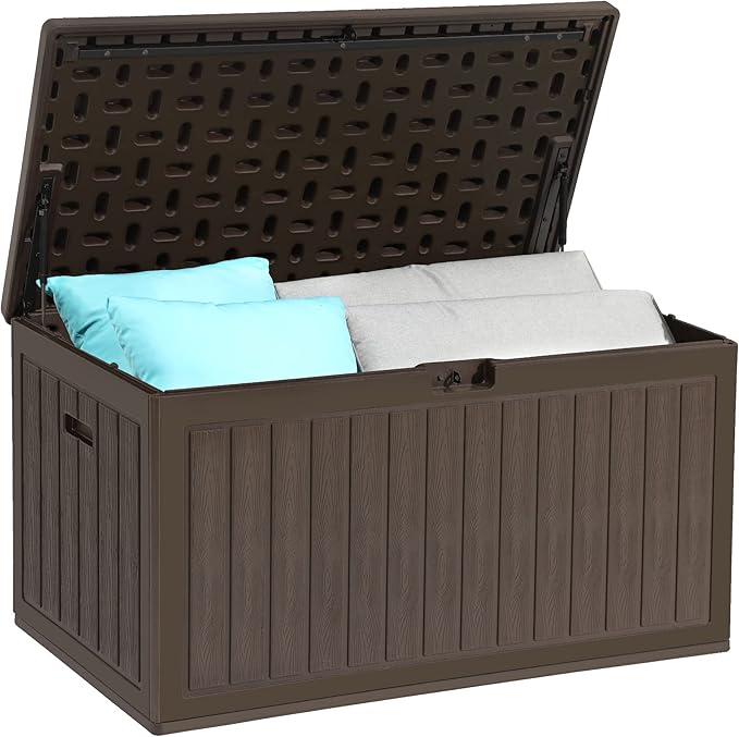 YITAHOME 90 Gallon Large Deck Box, Double-Wall Resin Outdoor Storage Boxes, Deck Storage for Patio Furniture, Cushions, Pool Float, Garden Tools, Lockable & Waterproof (Brown)