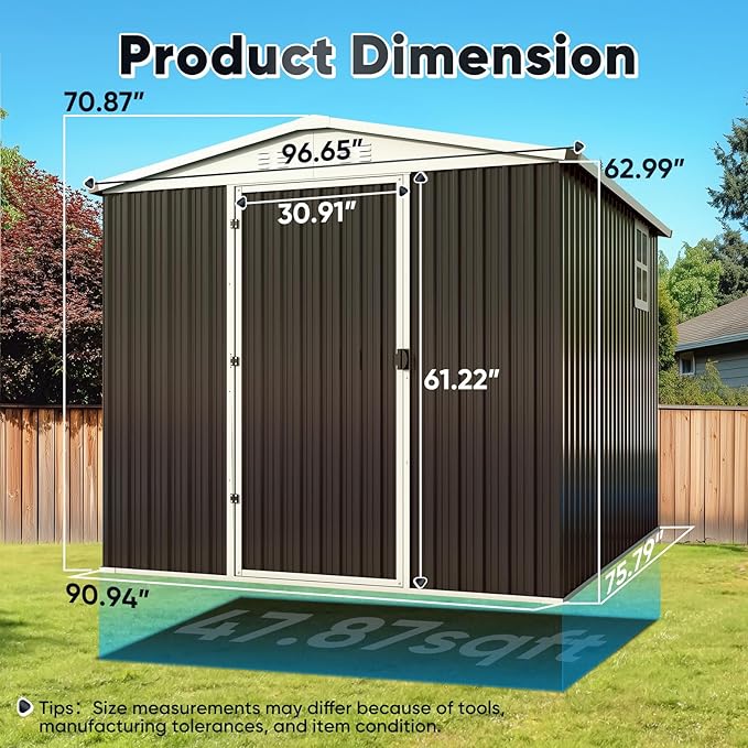 Quictent 8X6 FT Outdoor Metal Storage Shed, Easy Assemble, Lockable Tool Shed Waterproof Shed for Garden, Backyard, Lawn and Patio Scene with Combination Lock,Dark Gray(7.6X6.3 FT Base,No Floor)