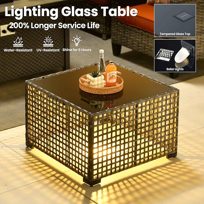 ovios 6 Pieces Patio Furniture Set Outdoor Sofa Couch with Solar Lights Table Comfy Cushions, Modern Deep Seat Wicker Rattan Conversation Set for Porch Deck, Orange Red