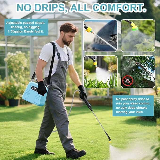Battery Powered Sprayer 1.35 Gallon, Upgraded Electric Garden Sprayer with 3 Nozzles & 4 Spray Modes, Rechargeable Handle, Retractable Wand and Adjustable Shoulder Strap for Weed Killer, Yard, Blue