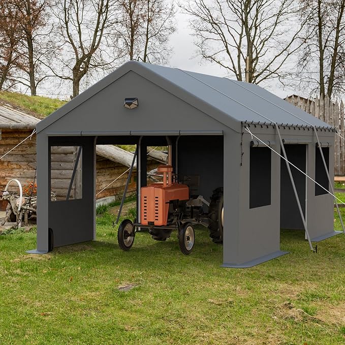 12x20 Carport Canopy, Heavy Duty Car Ports with Sidewalls, Portable Garage Carports with Roll Up Zipper End & Side Doors, Grey