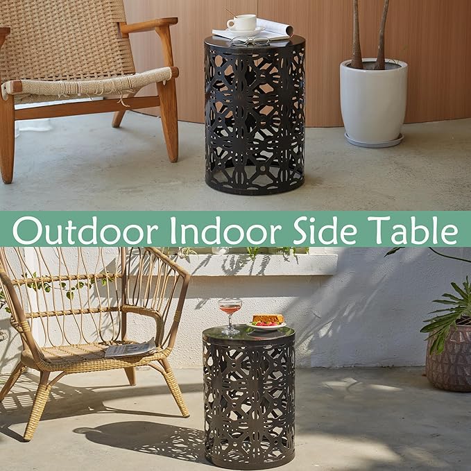 Y&M Set of 3 End Tables, Nesting Metal Round Coffee Table, Heavy Duty Metal Plant Stand Garden Stool, Outdoor Multifunctional Use Black with Bronze (Ship from US)
