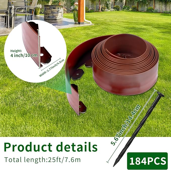 4 in x 100 Ft Garden Landscape Edging, No Dig Garden Edging Border Kit with 184 Pcs Spikes for Flower Bed Lawn Yard Grass Brown