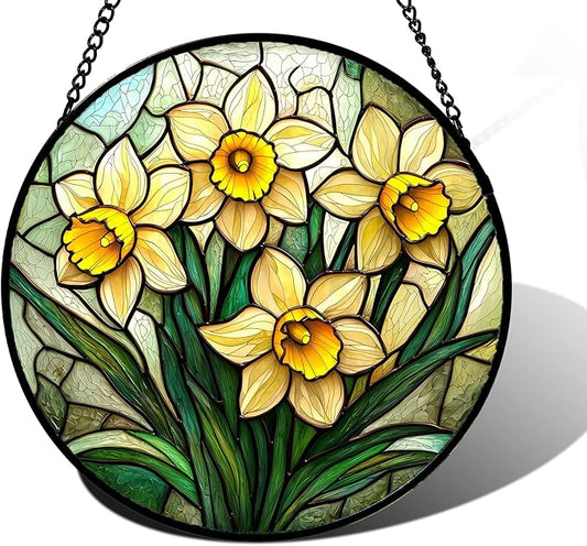 Stained Glass Window Hanging, Daffodil Plant Flowers Sun Catchers Diamond Glass Panel Hangings Suncatcher Decor for Birthday for Women, Men, Wife, Aunt,and Mom 9.8X9.8IN