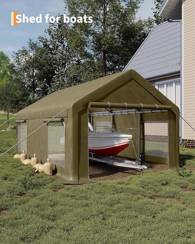 10X20Ft Waterproof Carport Canopy with Roll-Up Mesh Windows & Double Zipper Doors, 180g PE Tarp Cover for Cars, Trucks, SUVs, RVs, Boats & Outdoor Equipment Storage, Khaki