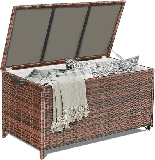 AVAWING 70 Gallon Wicker Deck Box, Outdoor Storage Container with 2 Universal Wheels & Hinged Lid, Patio Rattan Furniture for Garden Tools, Pillows, Pool, Brown