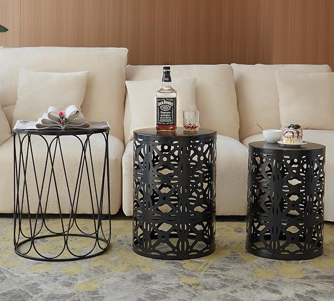 HFHOME Set of 3 Metal Outdoor Side Table, Nesting Round Coffee Table for Indoor Outdoor, Heavy Duty End Tables Plant Stand Living Room Garden Stool - Black