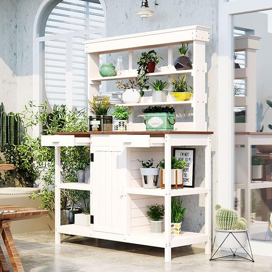 66" Outdoor Potting Bench Workstation - Farmhouse Style Wooden Garden Table with Drawers, Cabinet & Open Shelves (White + Solid Wood + naturalwood Color)