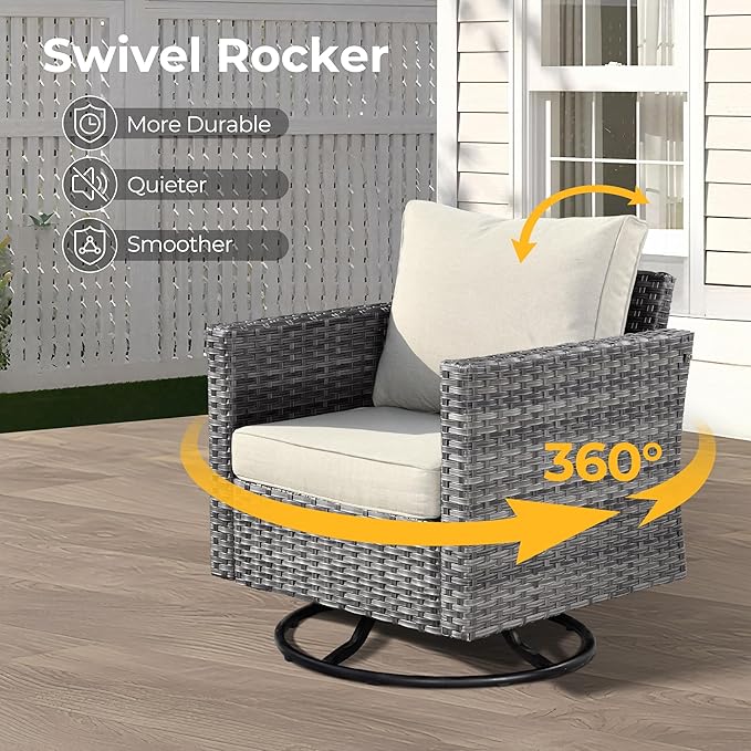 HOOOWOOO 10 Piece Patio Sectional Furniture Set with Fire Pit Table,Modern Wicker Outdoor Conversation Sofa Sets,Weather Resistant Modular L Shaped Outside Couch Swivel Chair Set(Beige)