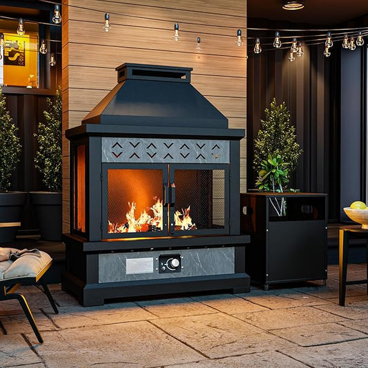 35" Outdoor Propane Fireplace with Tank Storage, 50,000 BTU Outdoor Gas Fire Pit with CSA Certified, Dust Cover, Smokeless Ceramic Wood, Adjustable Flame for Patio, Garden, Deck, Grey