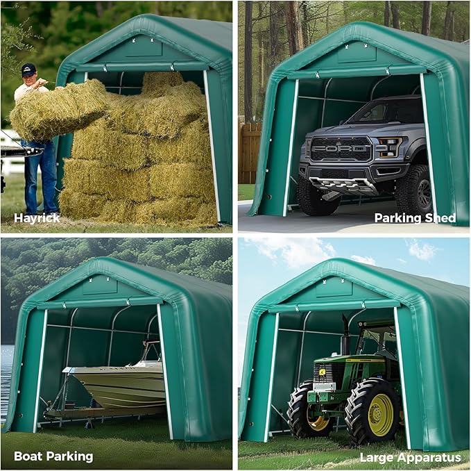 GREEN PARTY 11' x 28' Heavy Duty Carport, Portable Storage Shelter Shed Outdoor Carport with Roll-up Zipper Door & Vents, Storage Car Canopy Car Tent Garage for SUV, Truck and Boat, 200g PE Cover