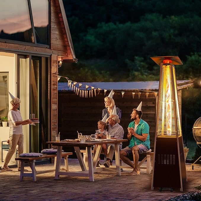 48,000 BTU Flame Pyramid Pool Heater, Triple Safety Protection Portable Patio Heater with Patio Cover, Warm Glass Tube with Durable Wheels-Brown