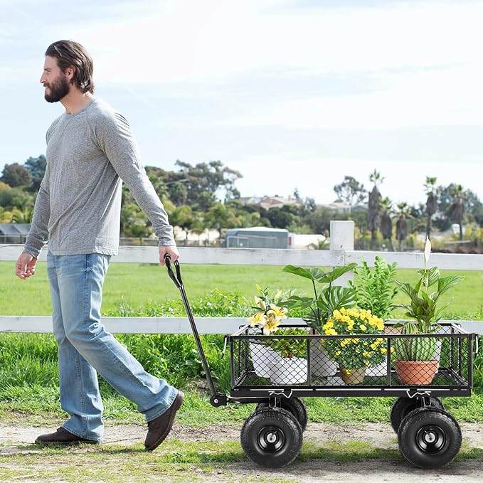 Garden Cart, Heavy Duty 880 Lbs Capacity Mesh Steel Garden Cart with Removable Sides to Convert into Flatbed, Utility Metal Wagon with 180° Rotating Handle and 10 in Tires, Black
