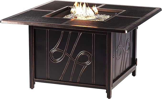 Oakland Living Black Aluminum Patio Fire Table Set with Four Deep Seating Loveseat with Cushions with Black Cushions
