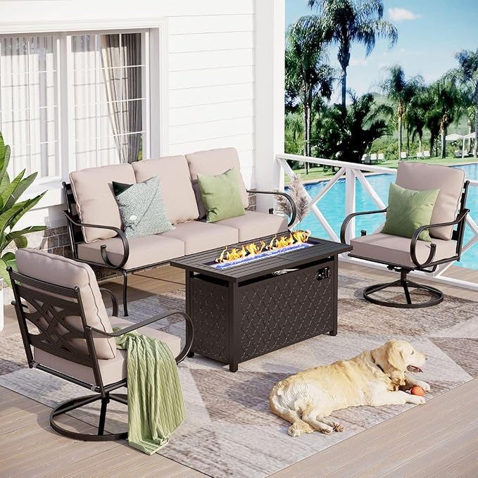 Sophia & William Patio Furniture Set with Fire Pit Table, Outdoor Conversation Sets 5 Seats Clearance with 45" Gas Fire Pit Table x 1, 3-seat Sofa x 1, Swivel Chair x 2 for Porch Lawn, Beige