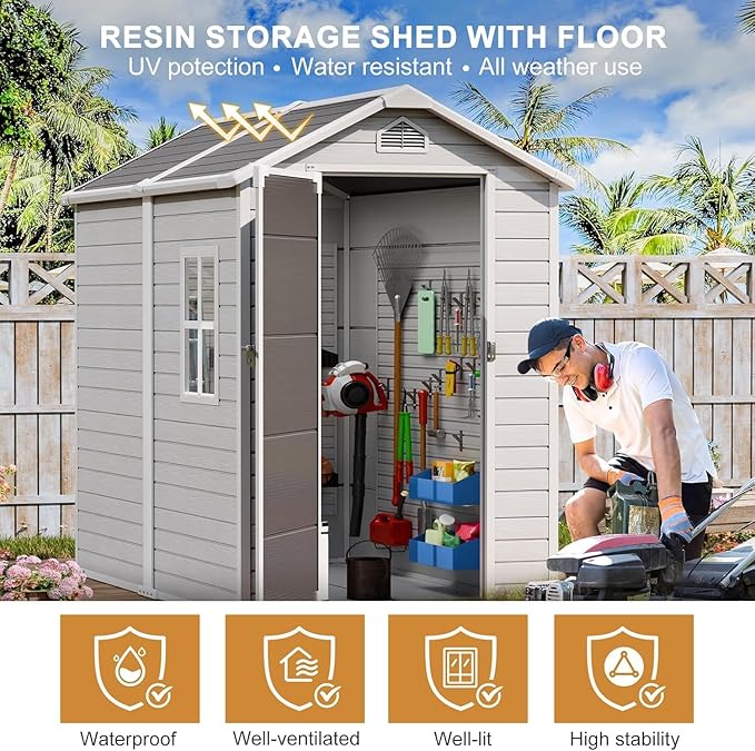 Resin Storage Shed 6 x 4 FT: Outdoor Resin Sheds with Floor, Plastic Waterproof Patio Outdoor Storage Shed with Lockable Door & Windows,Tool Sshed Storage for Garden Backyard Patio Lawn, Gray